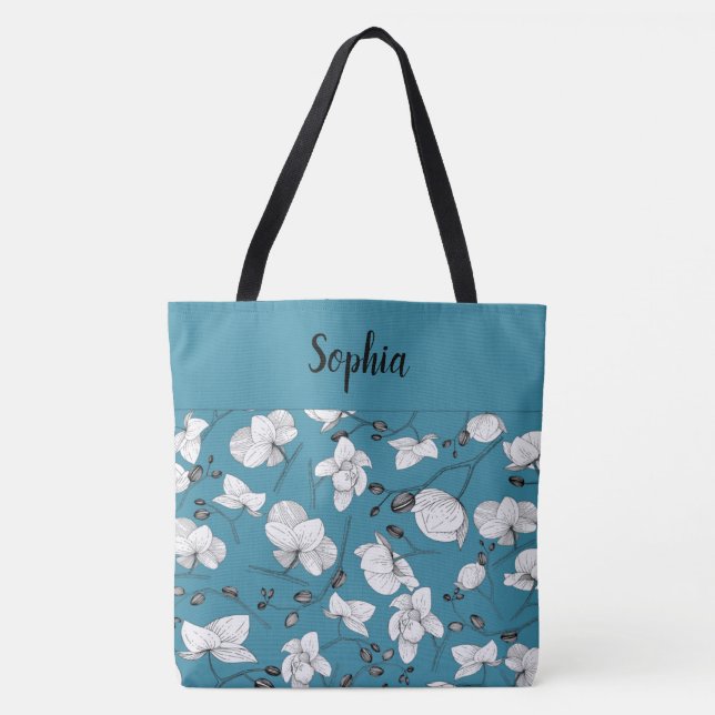 Bolsa Tote Elegante com orquídeas brancas e pretas azul-chic (Frente)