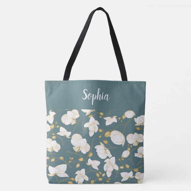 Bolsa Tote Elegante com orquídeas douradas e brancas, chic St (Frente)