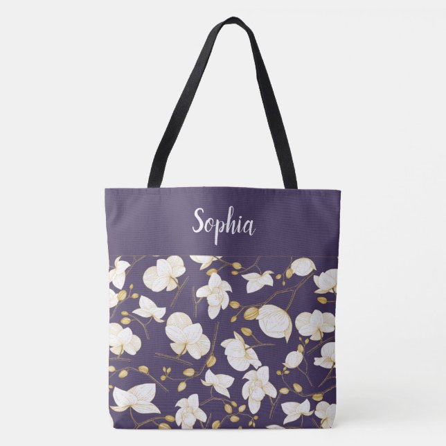 Bolsa Tote Elegante com orquídeas douradas e brancas, púrpura (Frente)