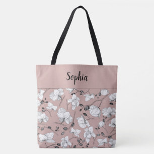 Bolsa Tote Elegante com orquídeas negras e brancas cor-de-ros