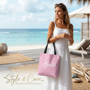 Bolsa Tote Elegante Design de Marca de Texto de Praia em Rosa