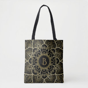 Bolsa Tote Elegante Dourada Glitter Floral Mandala A Preto
