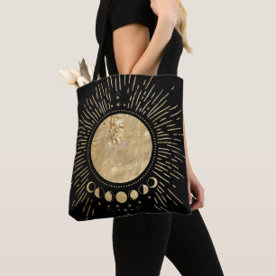 Bolsa Tote Elegante Dourada Sun Moon Doodles Mandala