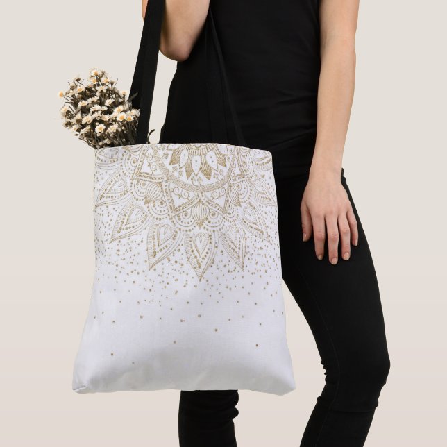 Bolsa Tote Elegante Dourado Mandala Dots Design (Close Up)