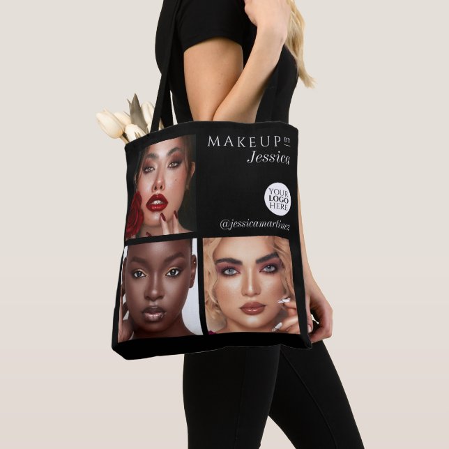 Bolsa Tote Elegante Estúdio de Maquiagem com Logo de 3 Fotos  (Close Up)