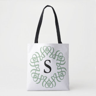Bolsa Tote Elegante Família de Monograma Floral Verde Sálvia