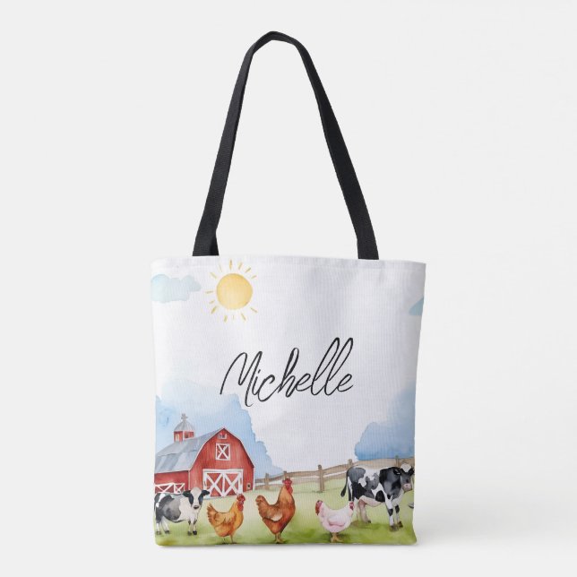 Bolsa Tote Elegante Farmhouse Red Barnyard Fazenda Animal Per (Verso)