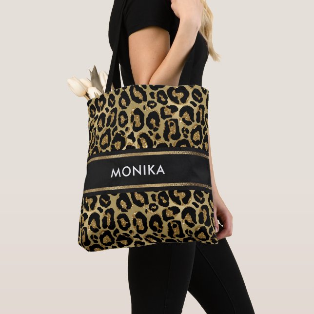 Bolsa Tote Elegante Faux Dourado Leopard Animal Print Persona (Close Up)