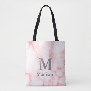 Bolsa Tote Elegante Faux Pink Marble Name Monograma Modelo