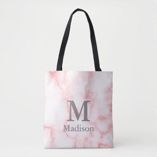 Bolsa Tote Elegante Faux Pink Marble Name Monograma Modelo (Frente)