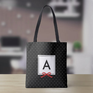 Bolsa Tote Elegante Fita Vermelha Padrão de Bolinhas Preto Mo