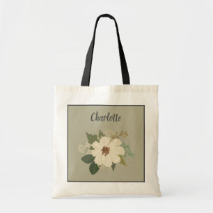 Bolsa Tote Elegante Flor Branca Nome Personalizado das Damas 