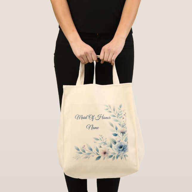 Bolsa Tote Elegante Floral Azul para Noivas e Convidadas (Frente (produto))