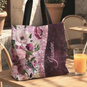 Bolsa Tote Elegante floral Burgundy rosa roxo brilho monogram