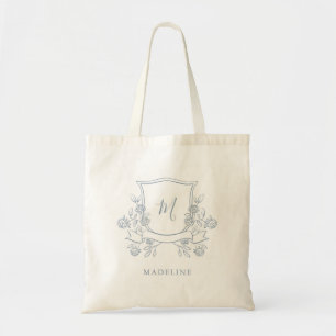 Bolsa Tote Elegante Floral Crest Monograma Azul Dusty