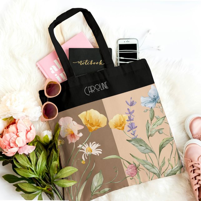 Bolsa Tote Elegante Floral Preto Primavera bege marrom Tendên (Criador carregado)