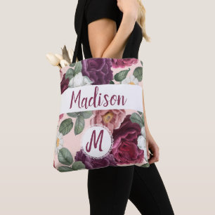 Bolsa Tote Elegante Flores de Borgonha Trendy Monograma Inici