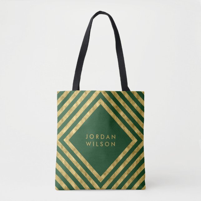 Bolsa Tote Elegante Green Faux Dourado Square Lines Geométric (Frente)