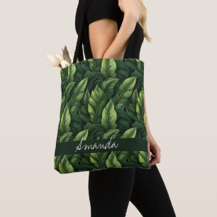 Bolsa Tote Elegante Green Watercolor Banana Leaf com Nome