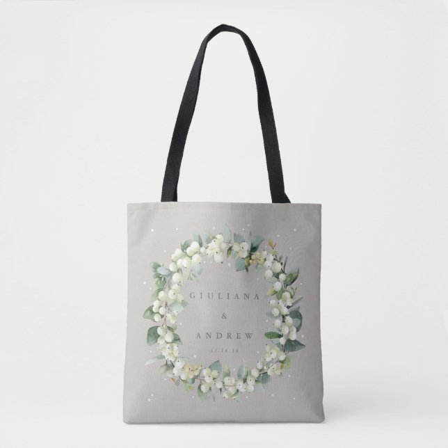 Bolsa Tote Elegante Greige Snowberry+Eucalyptus Casamento no  (Frente)