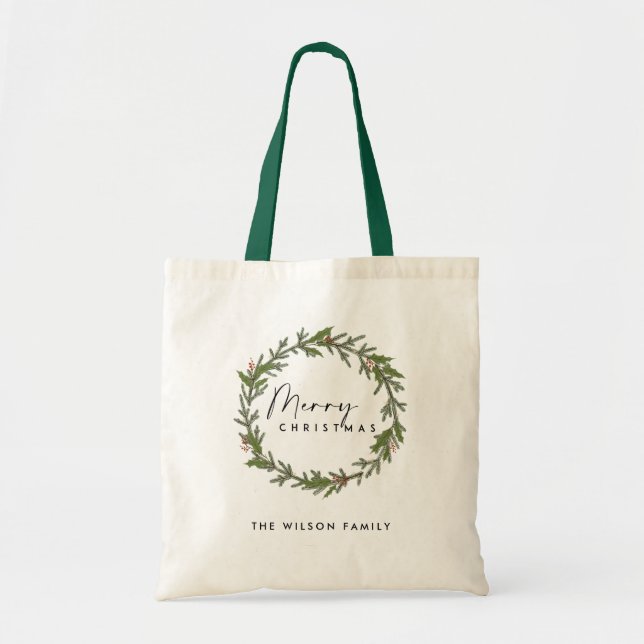 BOLSA TOTE ELEGANTE HOLLY BERRY VERDE WREATH MERRISTMAS (Frente)