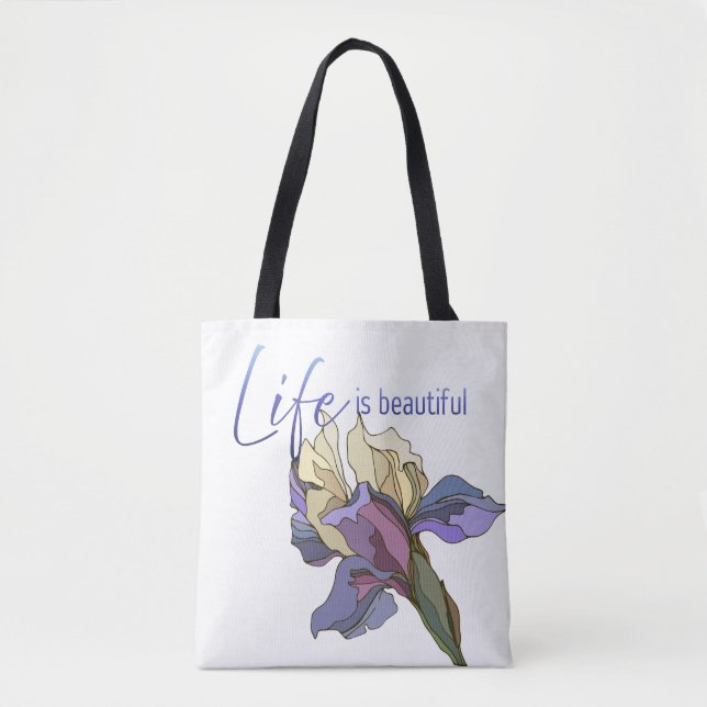 Bolsa Tote Elegante Íris Roxa Botânica "A Vida é Bela"  (Frente)