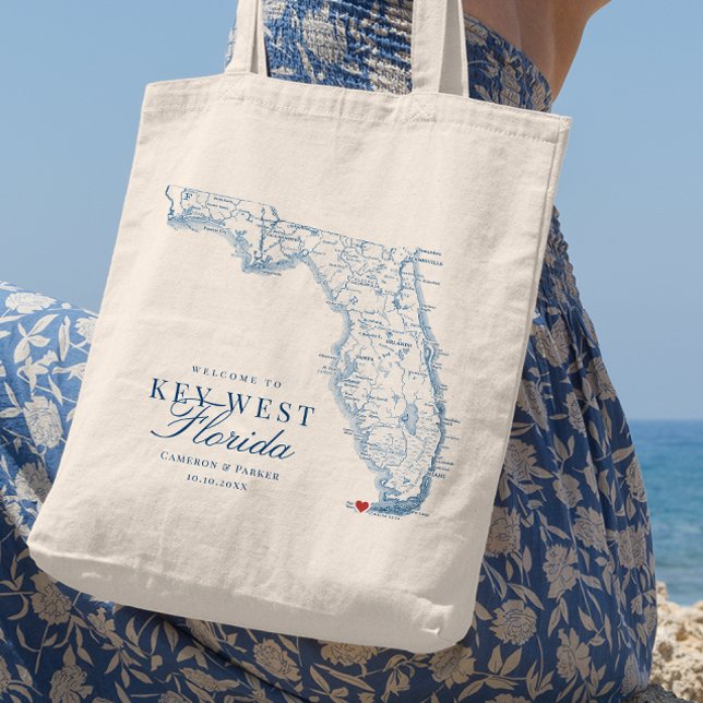 Bolsa Tote Elegante Key West Florida Wedding Tote Bag (Elegant Welcome to Key West FL Wedding Favor Florida Tote Bag from Coastal Map Designs)