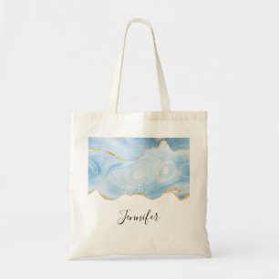 Bolsa Tote Elegante Legal Agate Azul e Borda Dourada da Largu