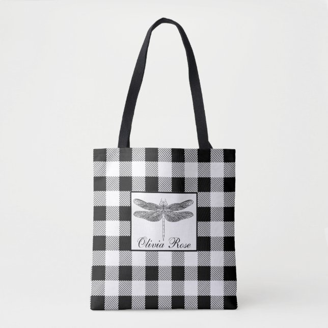 Bolsa Tote Elegante libélula xadrez preto e branco (Frente)