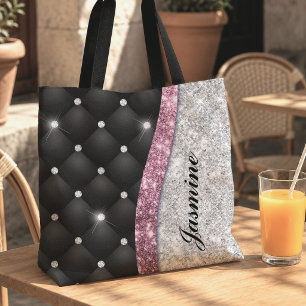 Bolsa Tote Elegante linda falsa monograma rosa preto brilho P