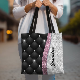 Bolsa Tote Elegante linda falsa monograma rosa preto brilho P