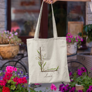 Bolsa Tote Elegante Lírio do Vale Monograma L Nome Personaliz