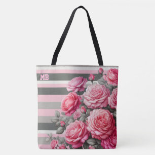 Bolsa Tote Elegante Listrado Rosa e Cinza com Rosas