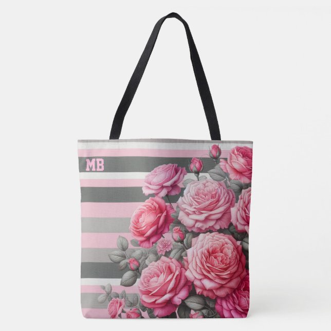 Bolsa Tote Elegante Listrado Rosa e Cinza com Rosas (Frente)