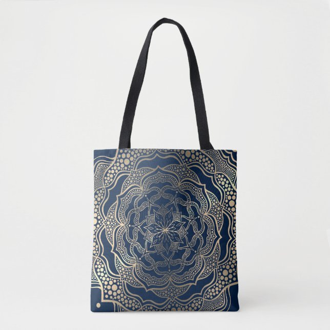 Bolsa Tote Elegante Mandala Art Boho Dourado e Marinho Luxo A (Frente)