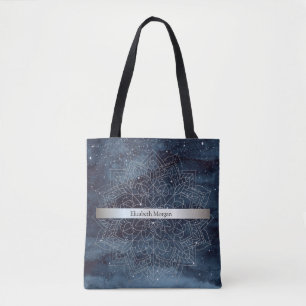 Bolsa Tote Elegante Mandala Prateado Moderno com Faixa Azul-M