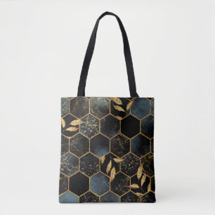 Bolsa Tote Elegante Marble & Dourado: Textura de Hexágono do