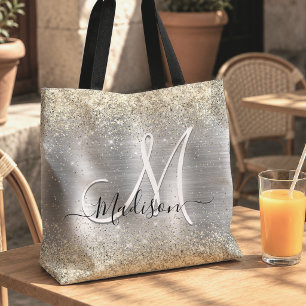 Bolsa Tote Elegante metal prateado dourado falso brilho