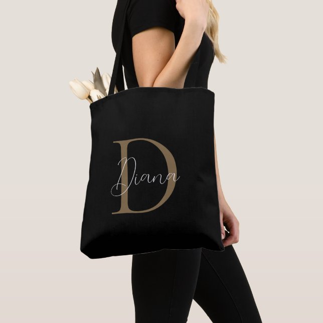 Bolsa Tote Elegante Midnight Black Musgo Dourado Monograma em (Close Up)