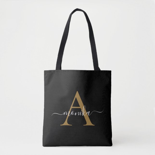 Bolsa Tote Elegante Mínimo Dourado Nome do Monograma Inicial (Frente)