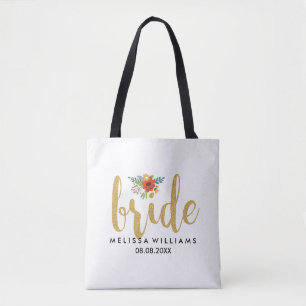 Bolsa Tote Elegante Moderno Dourado Texto-Brilho Acento Flora