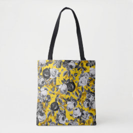 Bolsa Tote Elegante Moderno Vintage Preto Branco Rosas Amarel