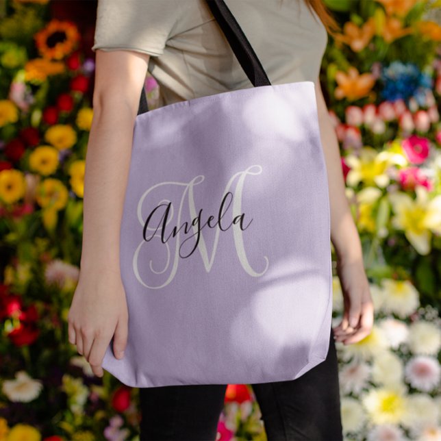 Bolsa Tote Elegante Monograma em Lavanda Clara Script (Pale Lavender Elegant Script Monogram Tote Bag)