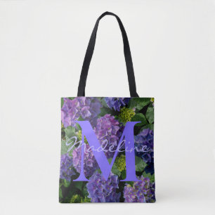 Bolsa Tote Elegante monograma floral azul roxo verde