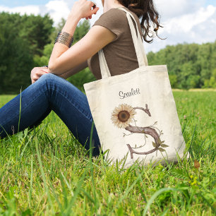 Bolsa Tote Elegante Monograma Floral de Girassol Letra S Pers