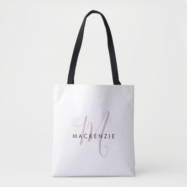 Bolsa Tote Elegante Monograma Moderno em Branco e Rosa Script (Frente)