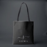 Bolsa Tote Elegante Monograma Preto Branco Minimalista Modern<br><div class="desc">Personalize esta bolsa de mão elegante com o monograma da inicial do seu nome. O design apresenta um simples monograma personalizado em tipografia minimalista moderna clássica branca sobre um fundo preto. Fácil de personalizar. Perfeito como item de presente para todos os seus entes queridos. Pegue um para você também.</div>