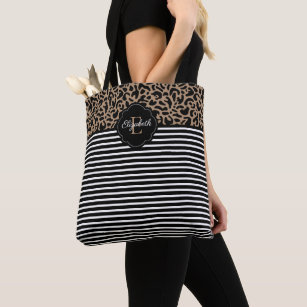 Bolsa Tote Elegante Monograma preto Leopard Animal Impressão 