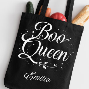 Bolsa Tote Elegante Nome da Rainha do Boo Halloween Preto e B