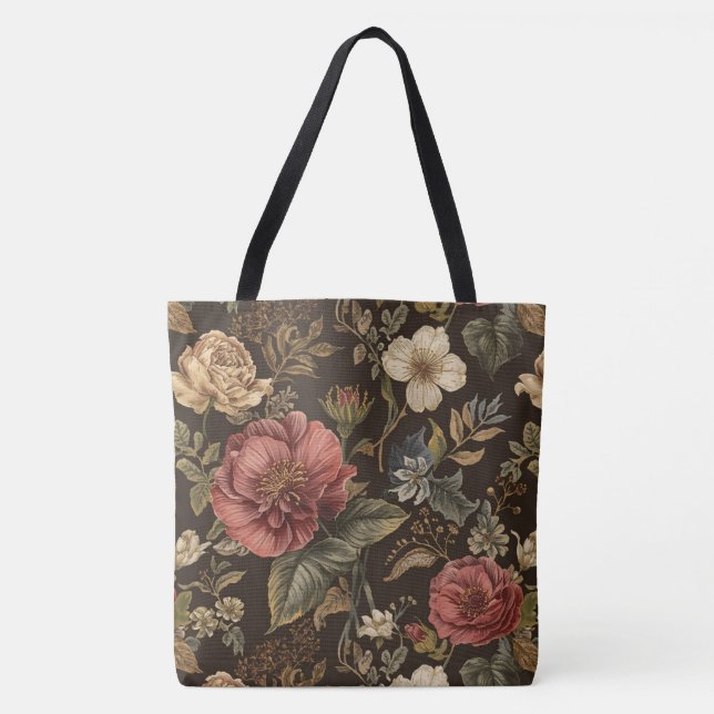 Bolsa Tote Elegante, padrão de flores bege marrom-marrom (Frente)